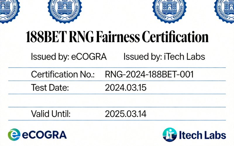 eCOGRA 또는 iTech Labs에서 발급한 188BET RNG 공정성 검증 인증서 예시 이미지