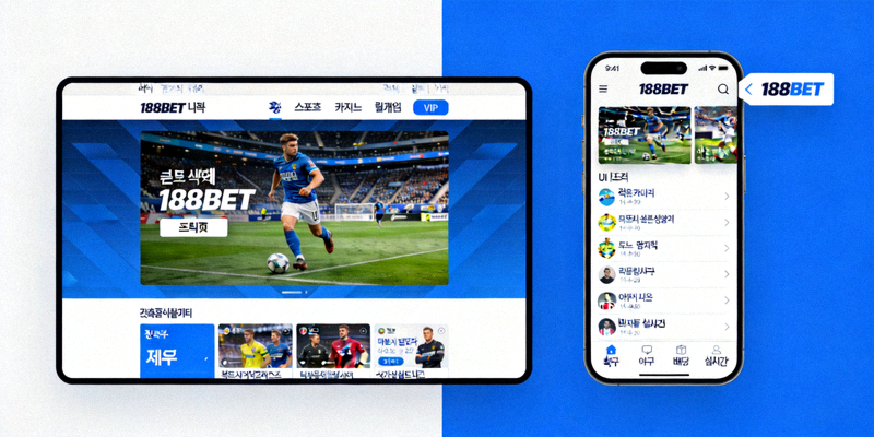 188BET 메인 페이지를 보여주는 데스크톱 및 모바일 화면 이미지